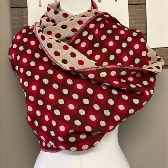 Talbots Women’s Red Cream Polka Dot Wool Blend Fashion Scarf Fringe 75”, 17.5” - Picture 5 of 16